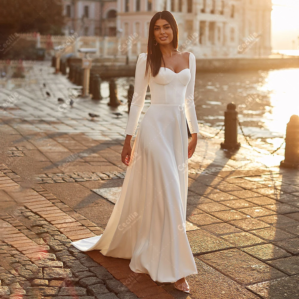 Modest Wedding Dresses Satin Bridal Gowns Full Sleeves Sweetheart Mermaid Sweep Train Robes Elegant Vestidos De Novia Customized 3