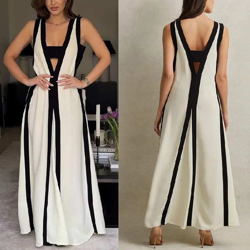 

2024 New Summer European and American Sexy Double-sided V-neck Contrast Casual Dress Long Dresses for Women