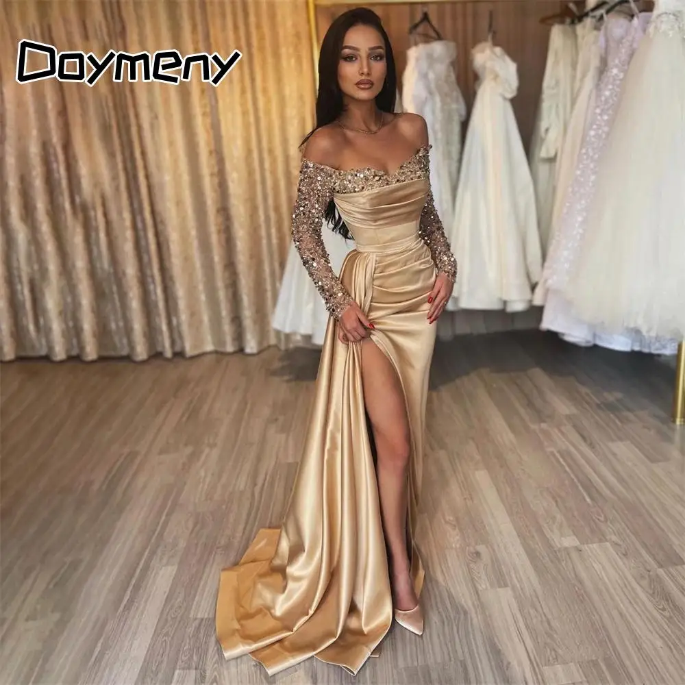 

Doymeny Mermaid Long Sleeves Evening Dresses Sparkly Satin Off Shoulder Prom Gowns Sexy High Side Slit Bride Party Dance Robe De