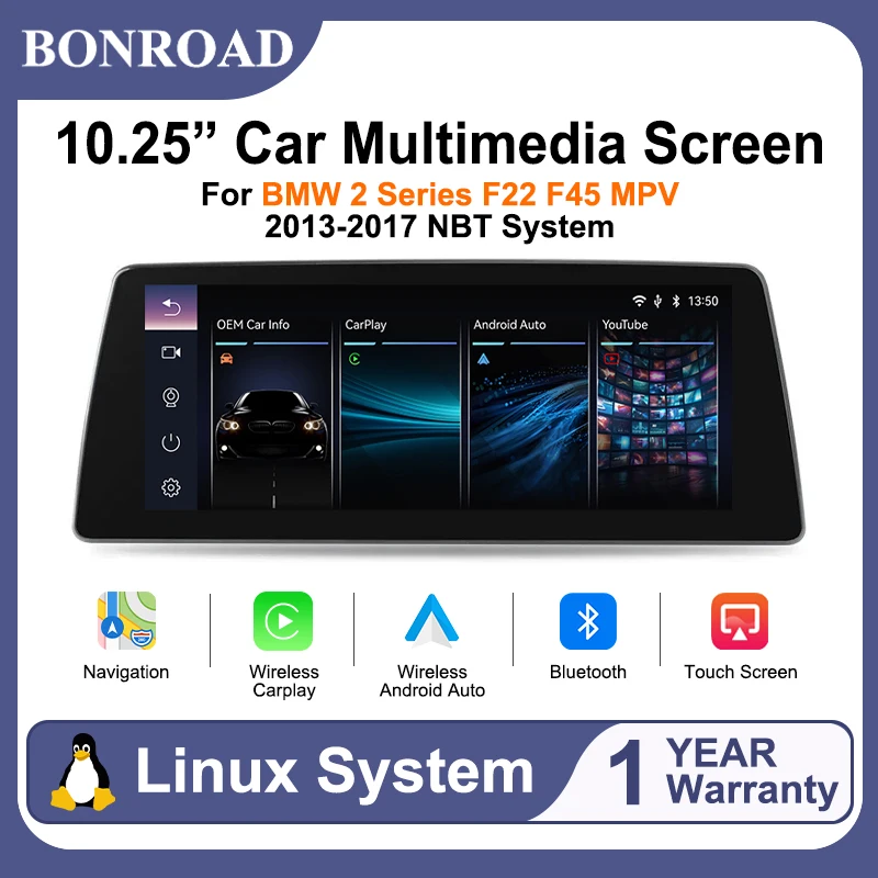 Pantalla Táctil Linux de 10.25 Pulgadas BONROAD para BMW Serie 2 F22 F45 MPV 2013-2017 con Sistema NBT, Actualización Multimedia para Auto, Carplay Inalámbrico, Android Auto, Mirror Link 1