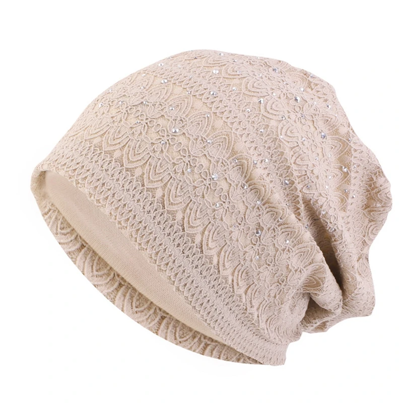 Crystal Lace Beanies Hat Women Slouchy Knit Hats Flower Headscarf Cap Ladies Comfortable Fashion Skullies Turban Hair Cover 3