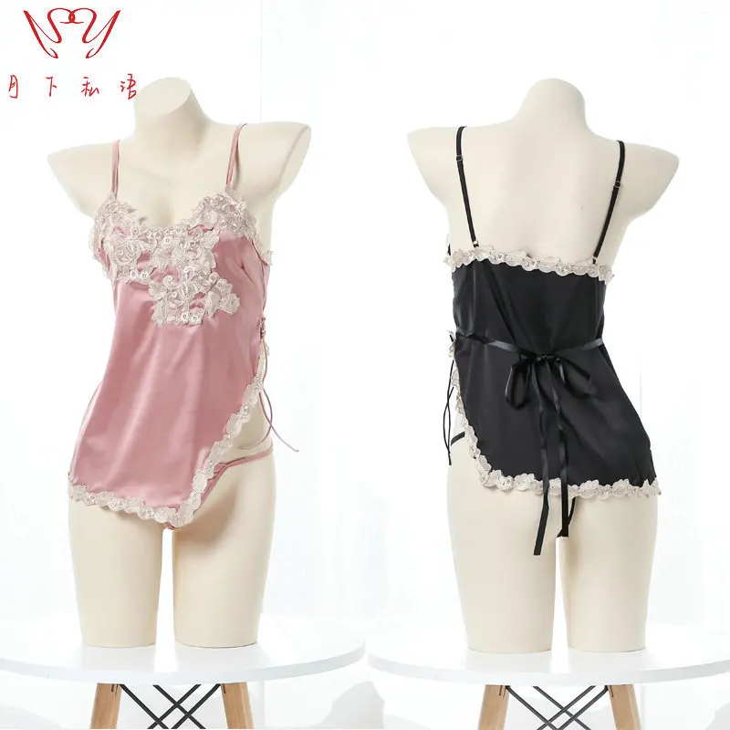 

Lace Silk Pyjamas Women 2024 Years New Summer Bandage Halter Nightdress V-Neck Sexy Skirt thin Homewear