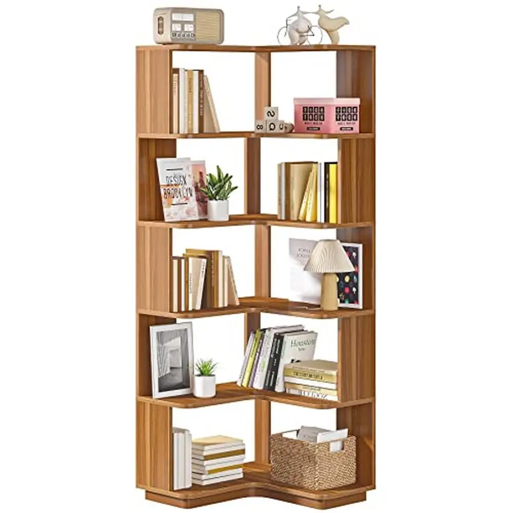 

Industrial 6-Tier L-Shaped Corner Bookshelf 65" Tall Storage Display Rack Living Room Home Office Wood Grain Rustic Durable