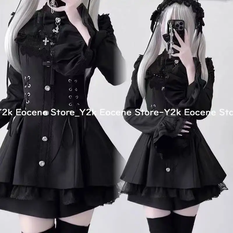 Y2k Aesthetic Lolita Style Bow Dress Shorts Set Women Kawaii Lace Flare Sleeve Bow Shirt Dress Japanese Punk Party Mini