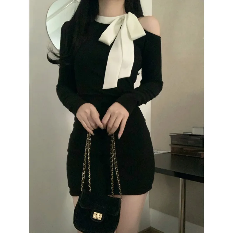 Chic Little Bla Dr Wrap around Bodycon Spring Outfit 2023 New Women's High Waist round Ne Long Sve A-Line Skirt