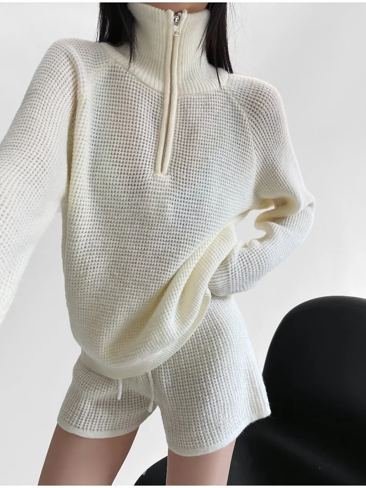 Women's Casual Knitted Set High Waist Long Pants Loose Long Sve Top Spring Summer Outfit Relaxing Plaid Ensemble - 4