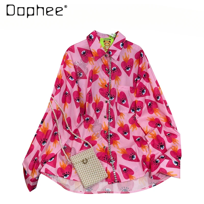 2024 Spring New Products Sweet Eye Pattern Rhinestone Full Printed Pink Fashion Loose-Fitting Long Sleeves Shirt Women Tops