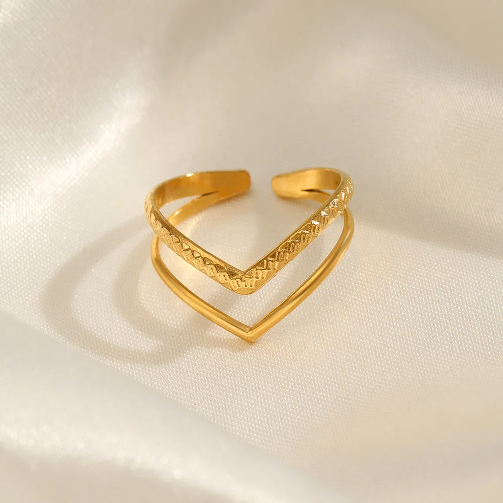 Stainless Steel Adjustable Finger Rings V Shape Double Layers Open Ring For Women Geometric Aesthetic Jewelry Gift