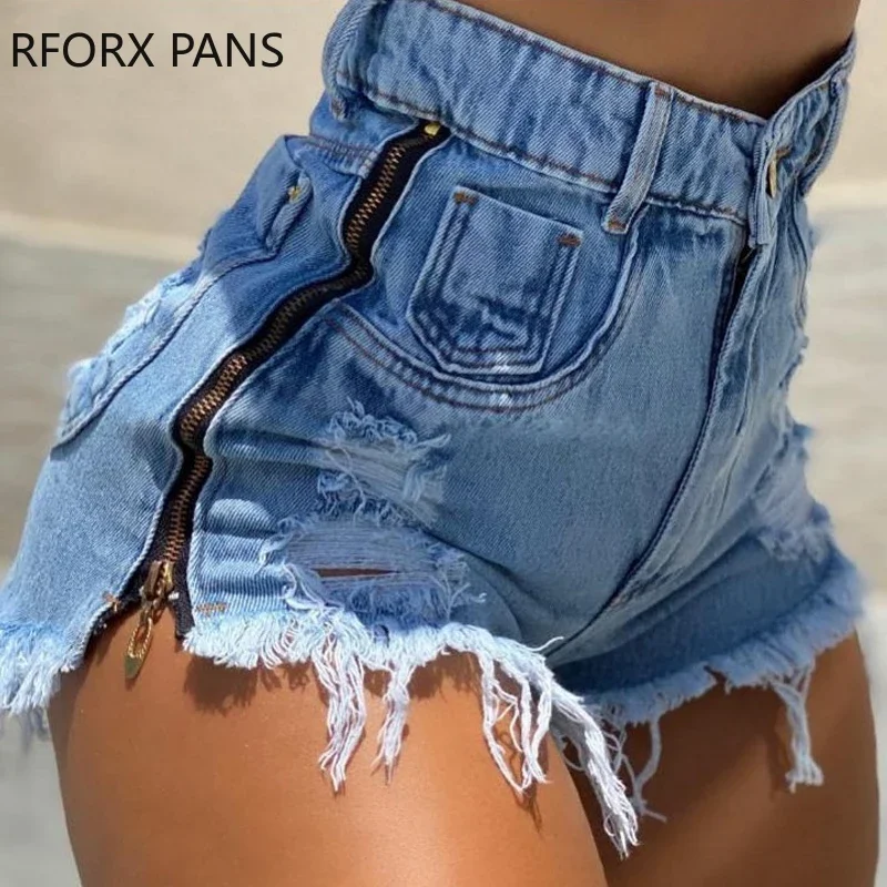 Women Chic Casual Solid Zipper Decoration Ripped Tassels High Wasit Women Denim Shorts