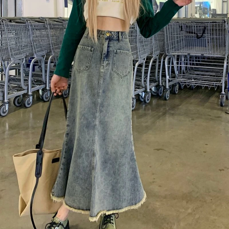 2023 Denim Midi Skirt Ripped Button Elastic Split Light-Colored Washed Denim Pencil Skirts High Waist Ripped Buttock Half-Length 2023 summer new loose short sleeved light colored ladies outerwear denim dress women clothing