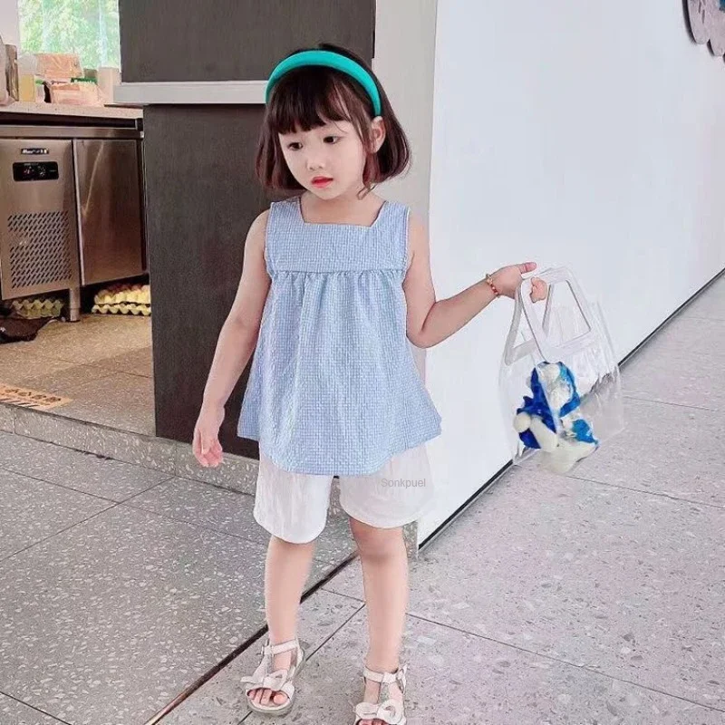Girls Summer Outfit Set - Checked Straps  White Shorts