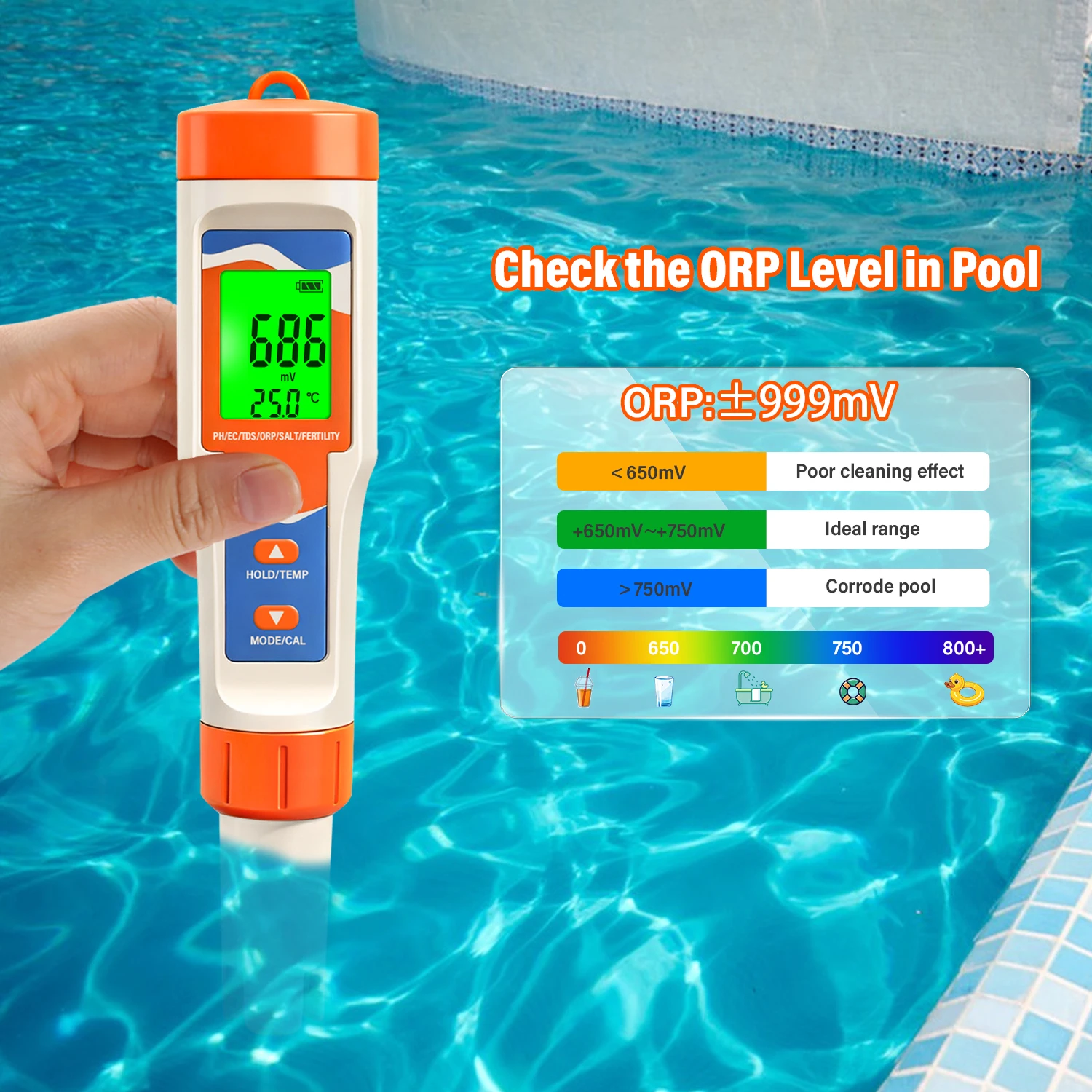 7-in-1 Pool Water Tester Digital Water Quality Meter for Swimming Pool SPA pH/OR