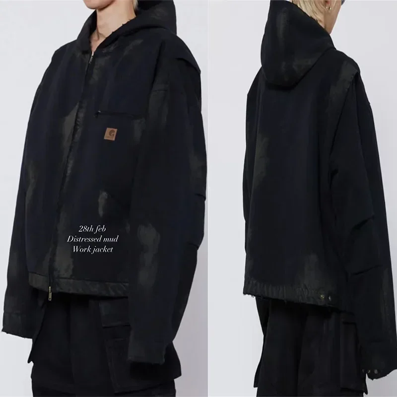 

New PROJECT G/R Extra Large Vintage Mud Dyed Wash Water Old Zipper Panel Hooded Jacket Coat Black SML Hip Hop