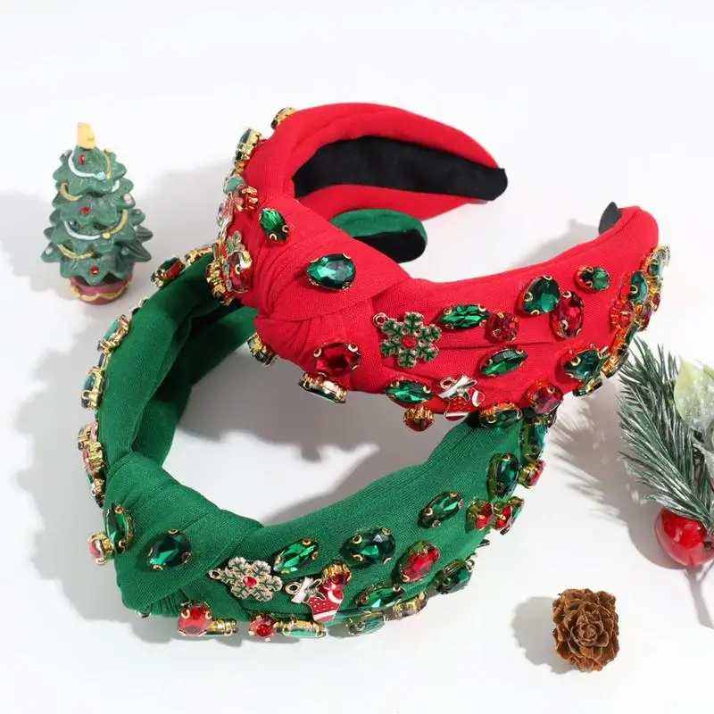 Christmas Knotted Headbands For Women Beaded Christmas Headwear Wide Hairband Festive Holiday Top Knot Hairband For