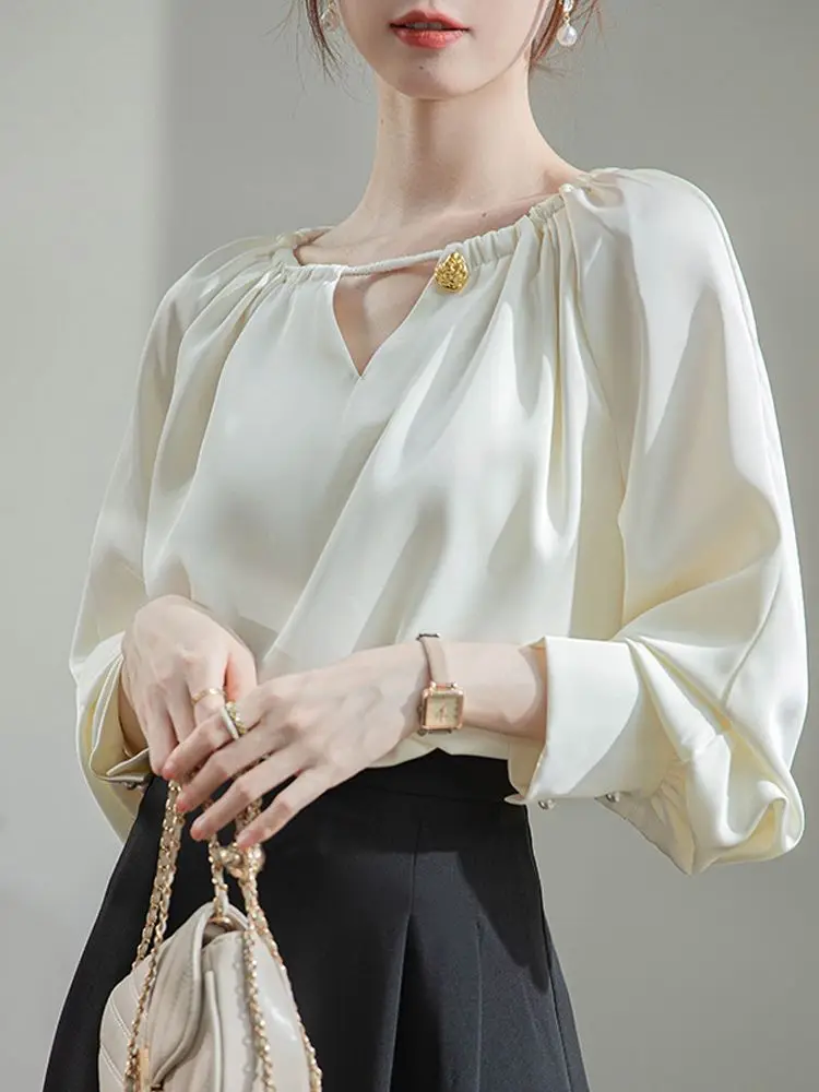 

Korea Elegant Women Satin Shirt Casual Hollow Out Long Sleeve Blouse Korean Simple Vintage Office Lady All Match Design Tops