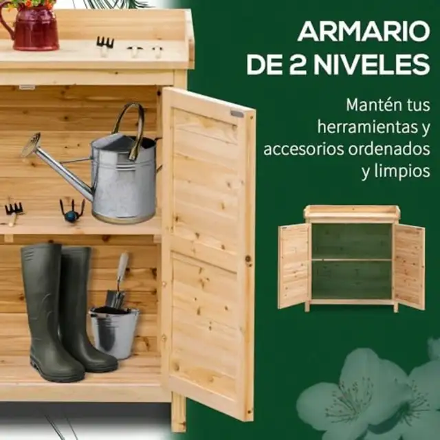 Abri d'armoire de jardin en bois, hangar de rangement extérieur avec étagère à 2 portes et pieds surélevés pour terrasse et Patio 3
