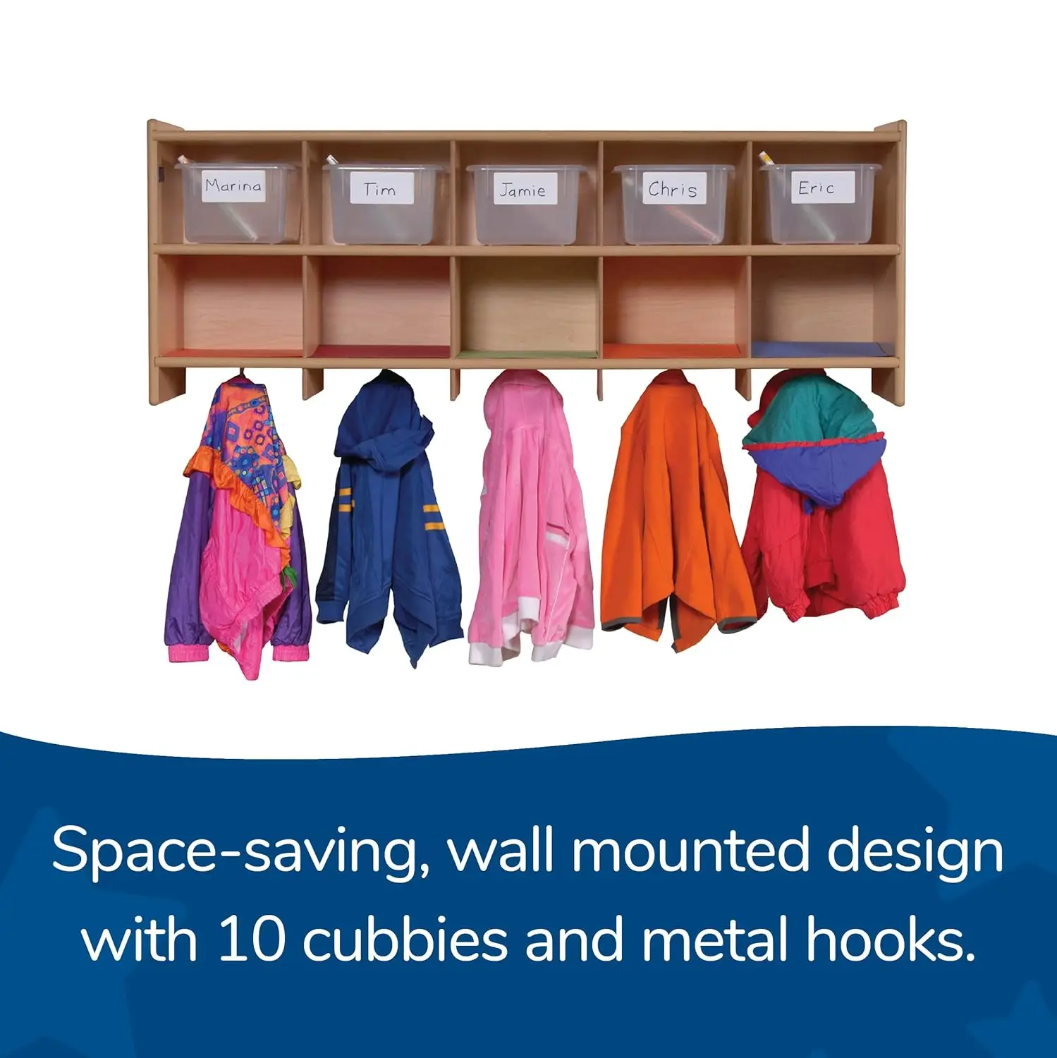 Angeles 10-Section Wall Locker, Classroom Organization, Cubbies for Daycare, Preschool, 12"D x 48"W x 19"H