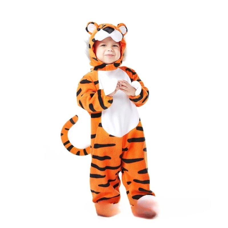 Kids Tiger Costume Plush Animal Onesie with Hooded Hat Children Party Clothes Outfit