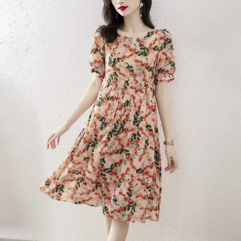 

2023 New Fashion Silk Printed Dress Women's Summer Vintage Round Neck Short Sleeve Loose Fit Casual Holiday Dress Vestidos