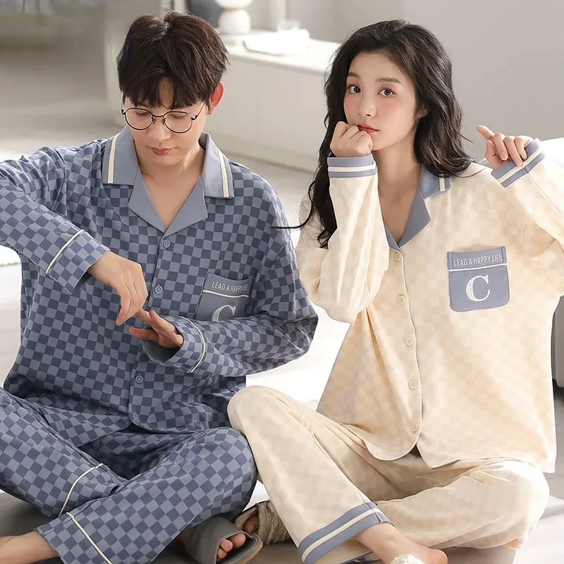 2024 New Couple Pajamas Set Spring Autumn Girls Boys 100% Cotton Long Sleeves Sleepwear Man Woman Large Size Loungewear Outfit