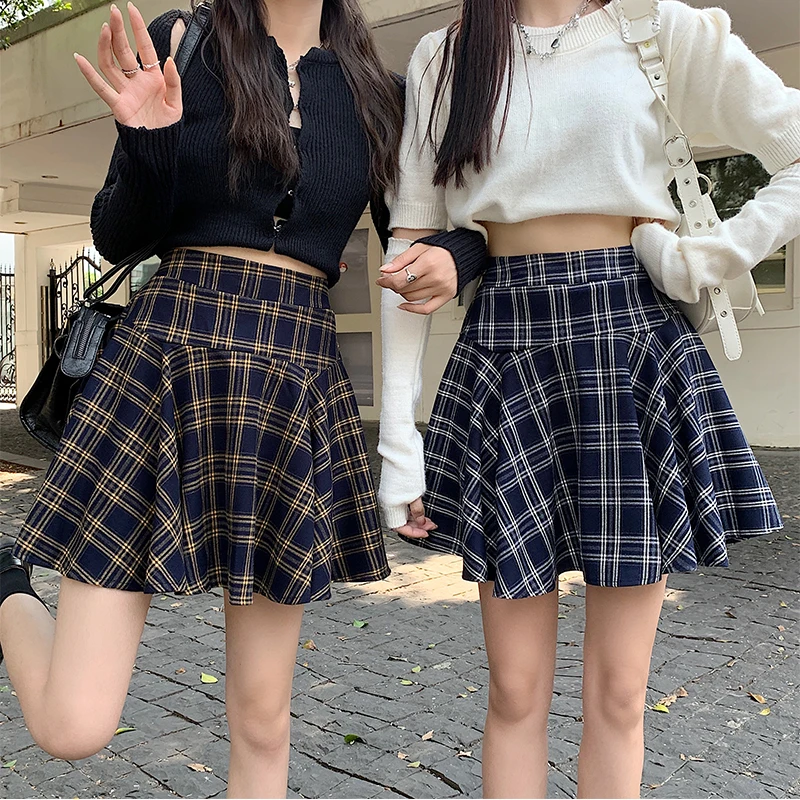 

Plaid Skirt women's Early spring High-Waisted A-line Skirt fat MM thin puffy Skirt crotch Skirt anti-light pleated skirt