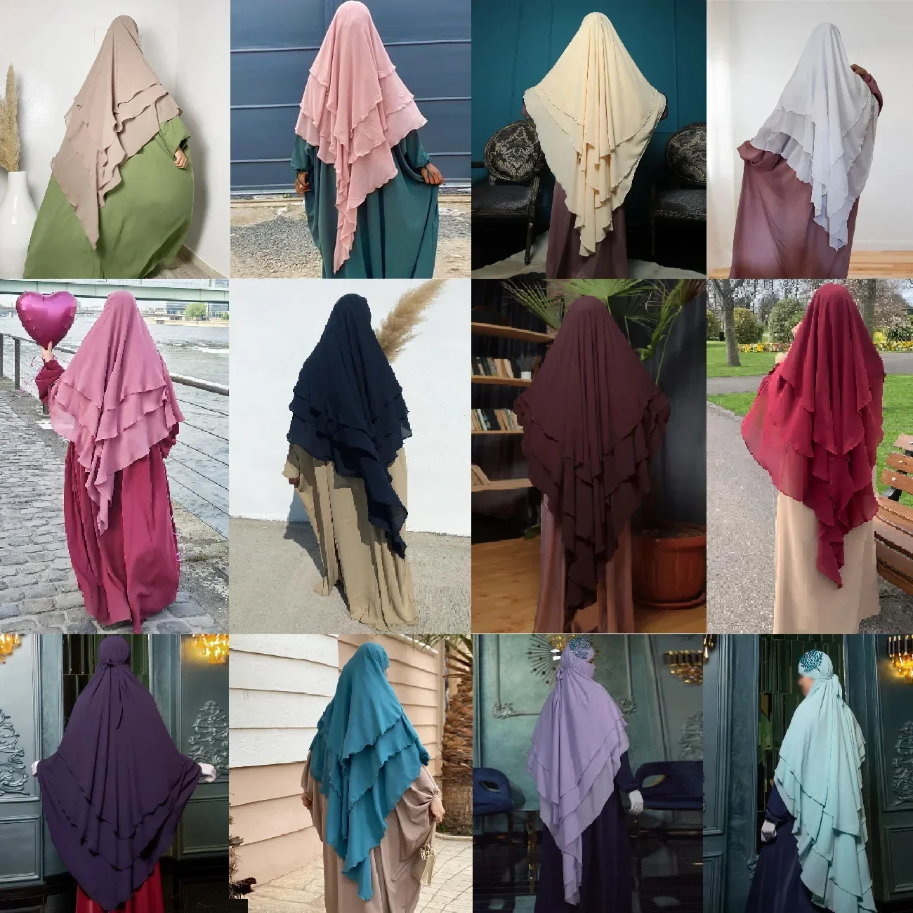 12 Colors 3 Layer Khimar for Women Chiffon Headscarf Islamic Clothing Extra Long Overhead Scarf Muslim Niqab Ramadan Eid