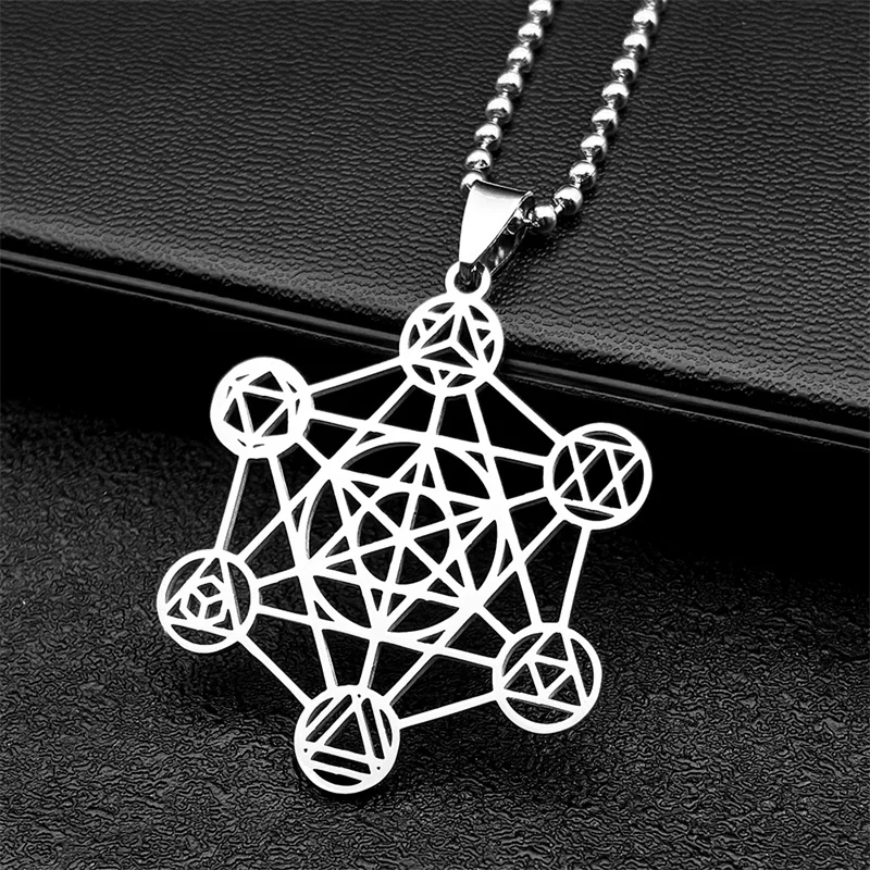 Große Erzengel Metatron Würfel Geometrie Halskette für Damen und Herren, Edelstahl Silberfarben, Blume des Lebens Kette Schmuck Collier