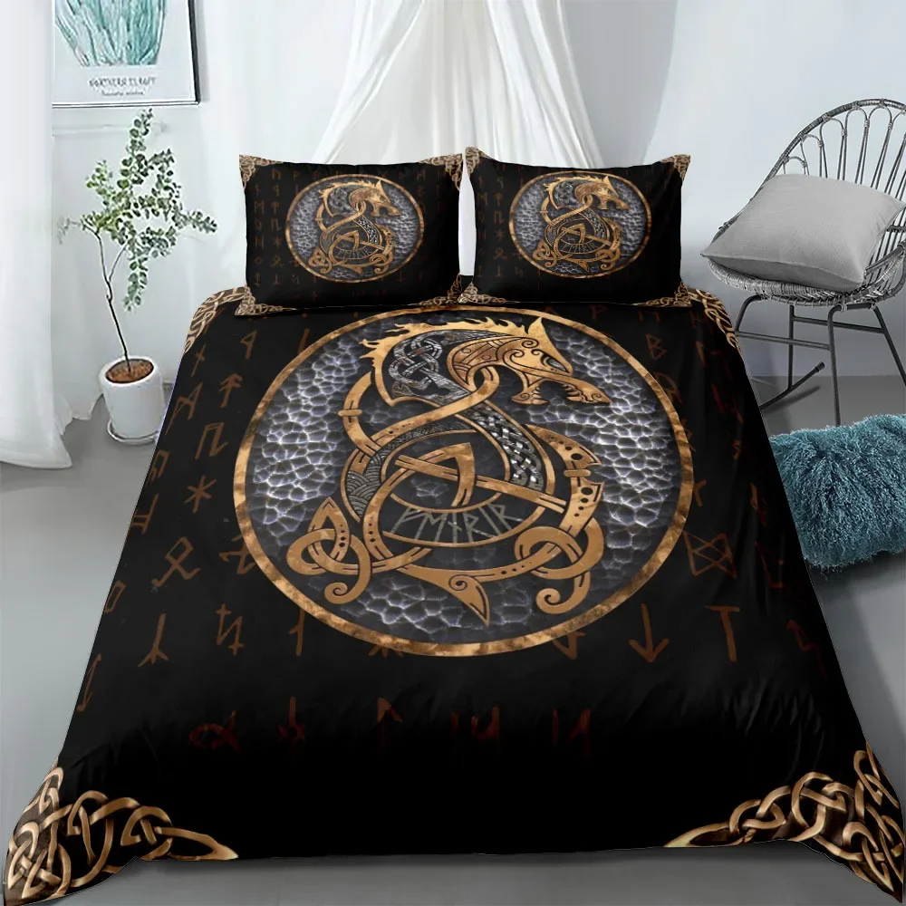 Vikings Yggdrasil Fenrir Wolf Bedding Set King Queen Double Full Twin Single Size Mythology Symbols Runes Bed Linen Set
