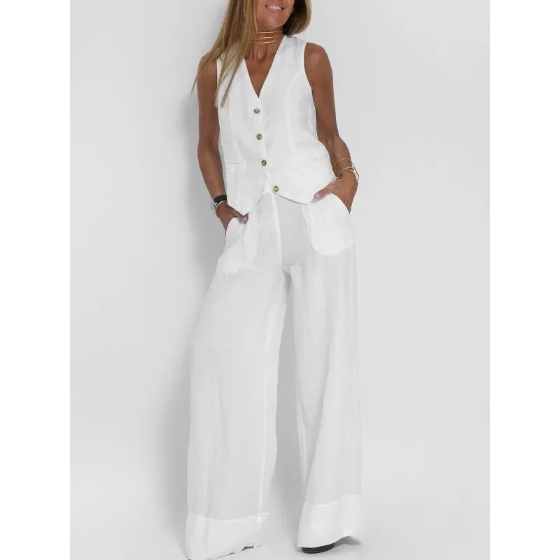 Summer White Linen Two Piece Set for Women 2024 Fashion Sleeveless Tank Top Waistcoat Matching High Waist Wide Pants Set Outfits