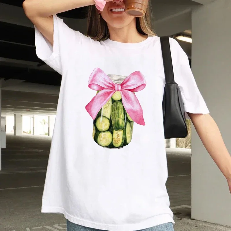 

Pink Bow Print Aesthetic Top Cartoon Print Summer Fashionable Women's T-Shirt Pattern Print O-Neck Fun Casual Trend Street T-Shi
