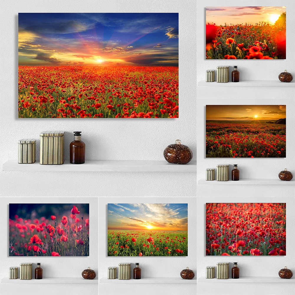 Red Poppy Flower Landscape Pictures Canvas Painting Flower Field Poster E Stampe Floral Wall Art Per La Decorazione Del Soggiorno
