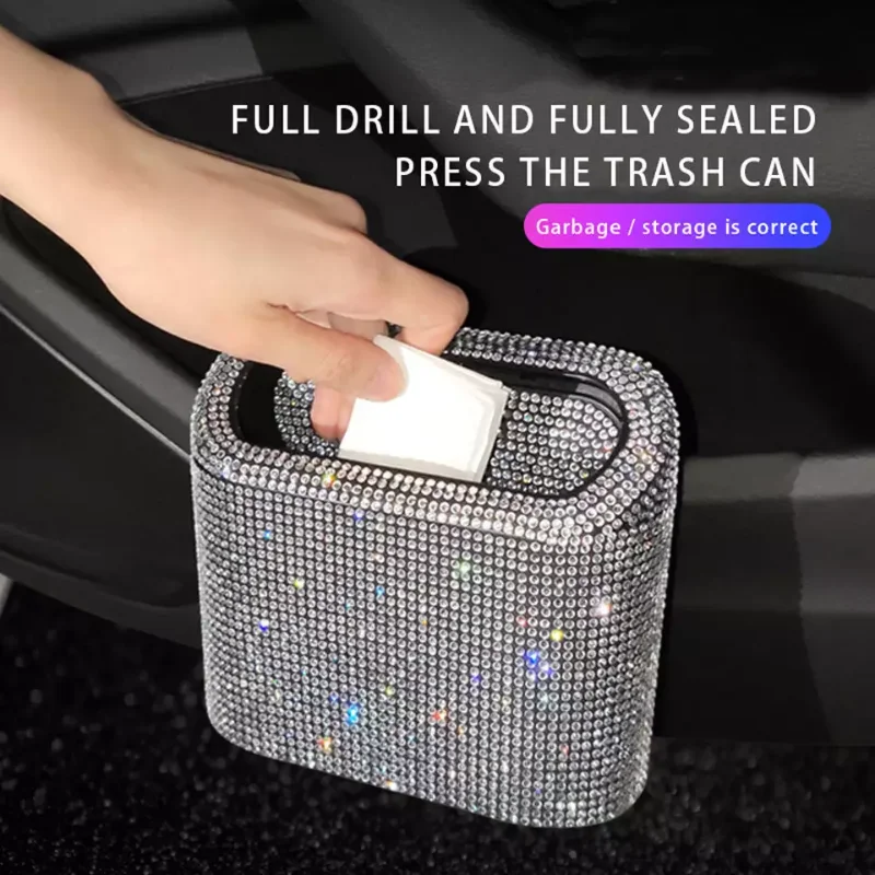 Luxury Trash Can Bin Car Storage Box Garbage Grabber Bling Diamond Square Pressing Car Trash Bin Car Interior Accessories