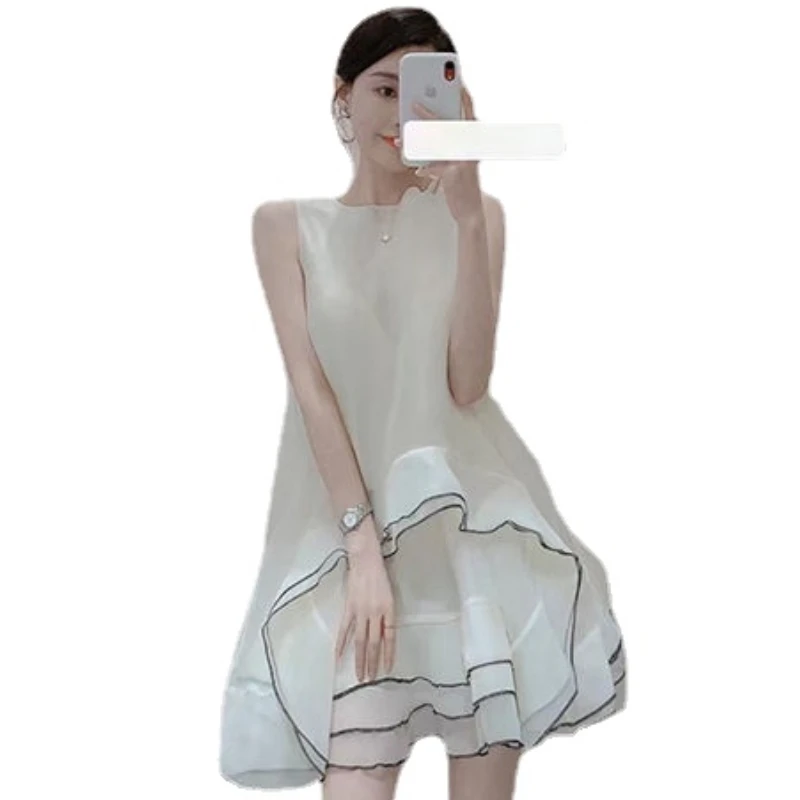 

Fashion Sleeveless Beautiful Dress Women Female 2022 Summer High-end Elegant Cake White Mini Dress Sweet