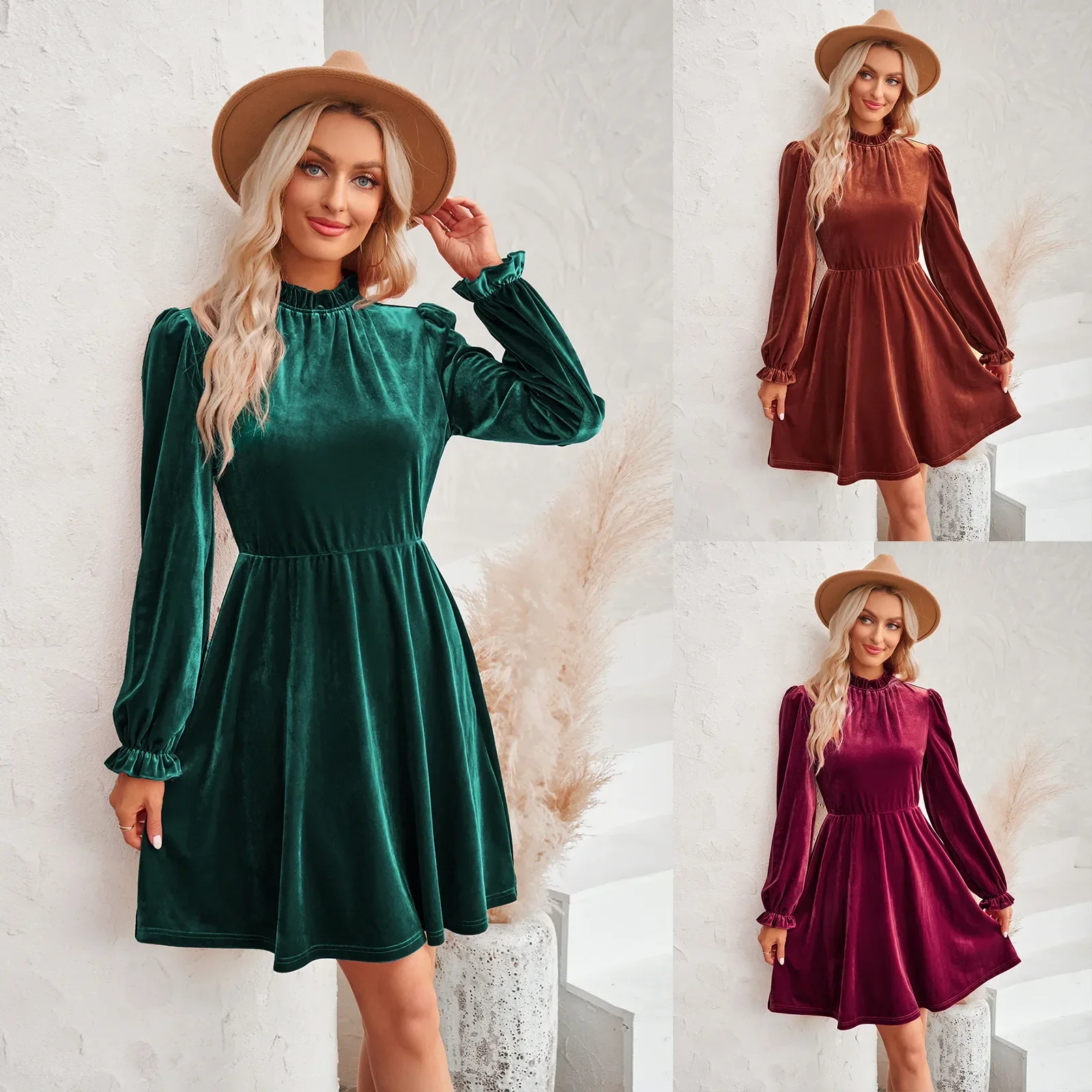 

Casual High-neck Dress for Women Velvet Solid Waist Dress Women Autumn and Winter Slim O-Neck Mini Dresses Long Sleeve Lady Warm
