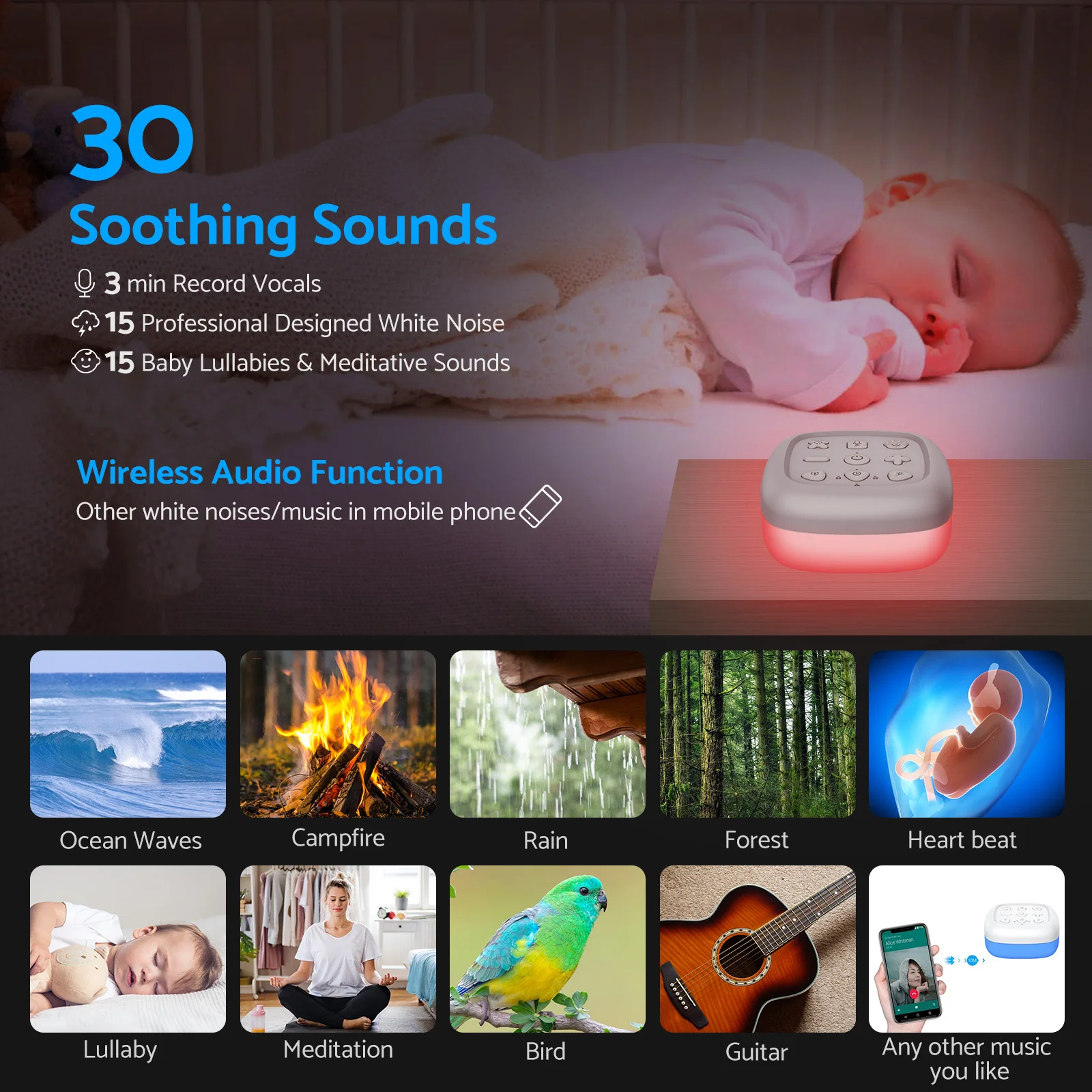 Portable White Noise Machine Baby 30 Sleep Sounds 7 Colour Baby Night Light 16 Levels Volume Adjustment with Memory Function