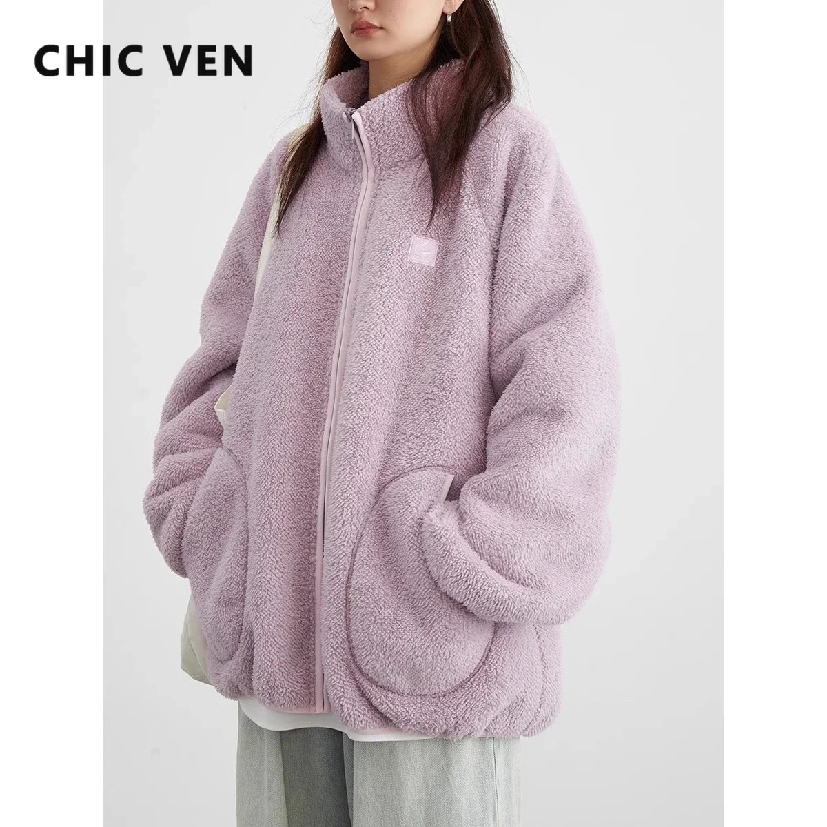 

Шикарные женские куртки, новинка, модное свободное плюшевое пальто с воротником-стойкой, теплая Женская флисовая куртка Fenale Top, зима-осень 2023