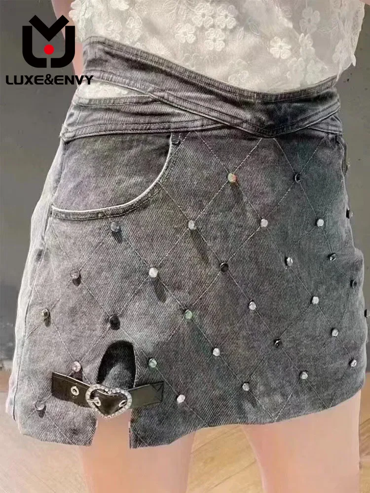 

LUXE&ENVY Grey Hot Diamond Hollow Out High Waist Jeans Skirt New American Spicy Girls Short Wrapped Hip Half Skirt 2023 Autumn