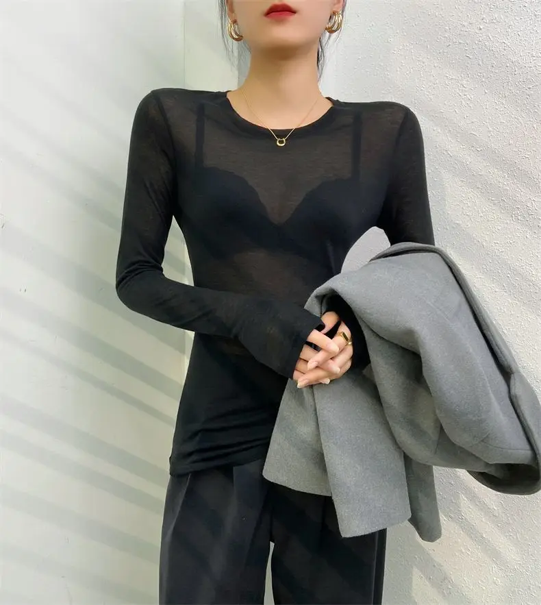 2026 Sexy Shirt Damen T-Shirt Koreanischer Stil Slim Basic Elastizität T-Shirt Top Damenbekleidung T-Shirt Dünnes T-Shirt durchsichtig – Detail 2