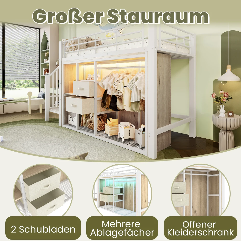 90 * 200 cm großes Etagenbett, mit 2 Schubladen und offenem Kleiderschrank, mehrfarbige LED-Beleuchtung, mehrere Ablagefächer (ohne Matratze) – Detail 28