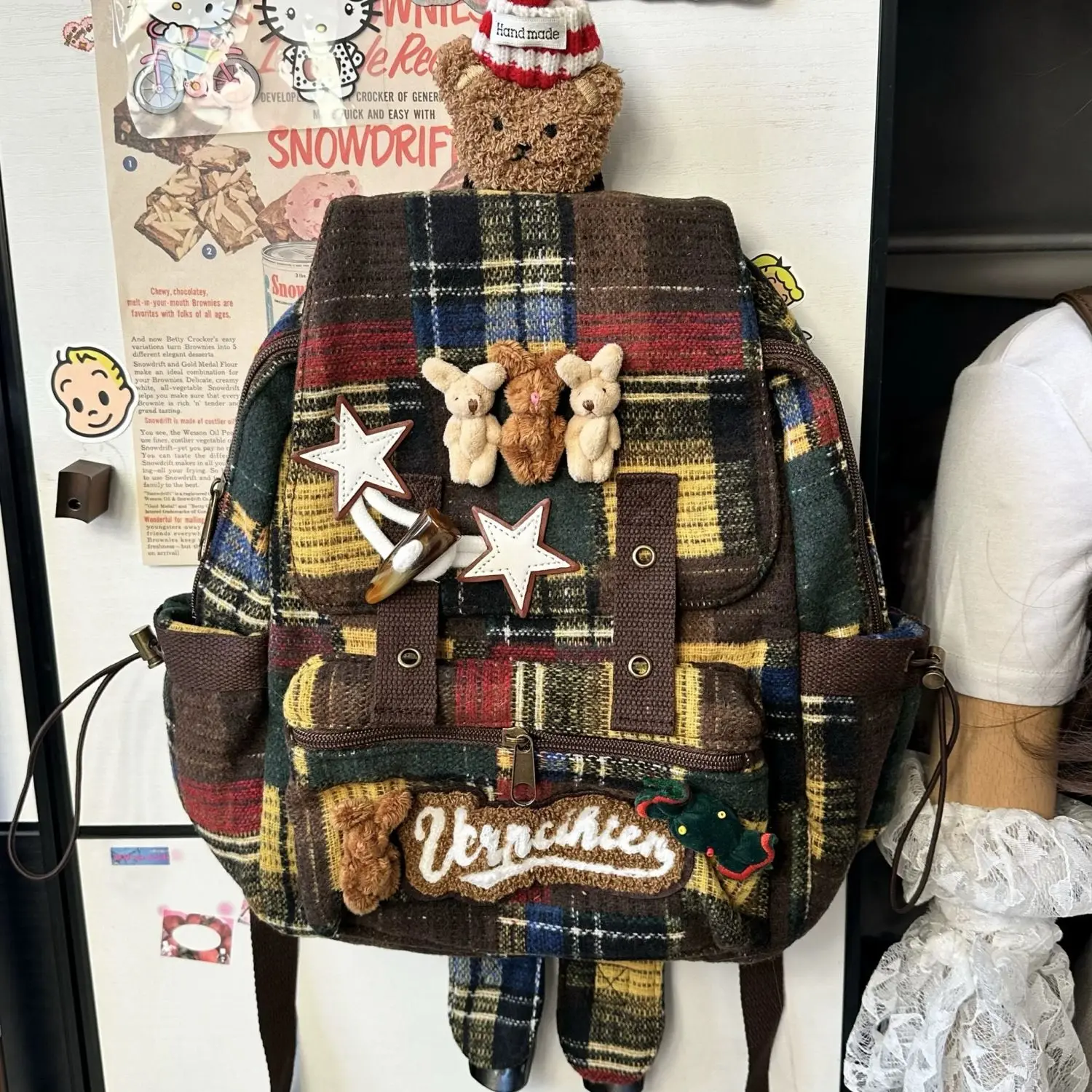 JIAERDI Harajuku Bear Y2k Backpack Women New 2025 High Street Retro Plaid Patchwork Schoolbag Female Casual Mochila Aesthetic
