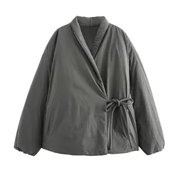Elegant Gray V-Neck Cotton Lace-Up Coat with Pockets - Women's Chic Autumn Jacket - XS (Gray)