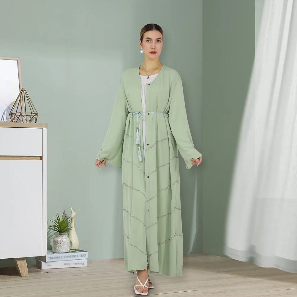 Middle East Dubai Cardigan Solid Color Beaded Dress Gown Fashion Open Abaya Kimono Robe Mariage Musulmane Kaftan Femme