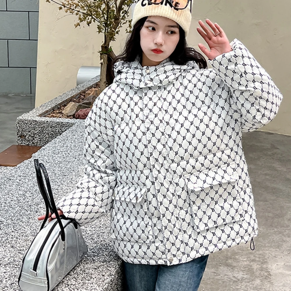 

2023 Autumn Winter Girls Fashion White Duck Down Padded Warm Hooded Printed Coats Zipper Pockets Design Korean Casual Outerwear