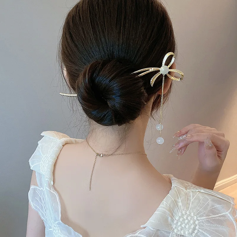 

New Bow Tie Hair Sticks Fashion Simple Pearl Tassels Hairpins Women Metal Headwear Hair Ornament for Girls Accessories Gifts