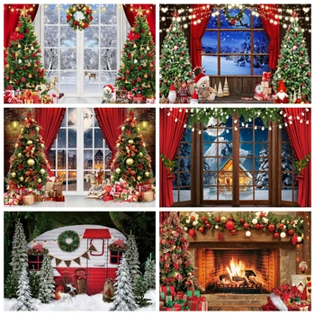 Christmas Decorations Photography Backdrop Winter Night Window Fireplace Xmas Tree Snow Kids Adult Family Party Photo Background