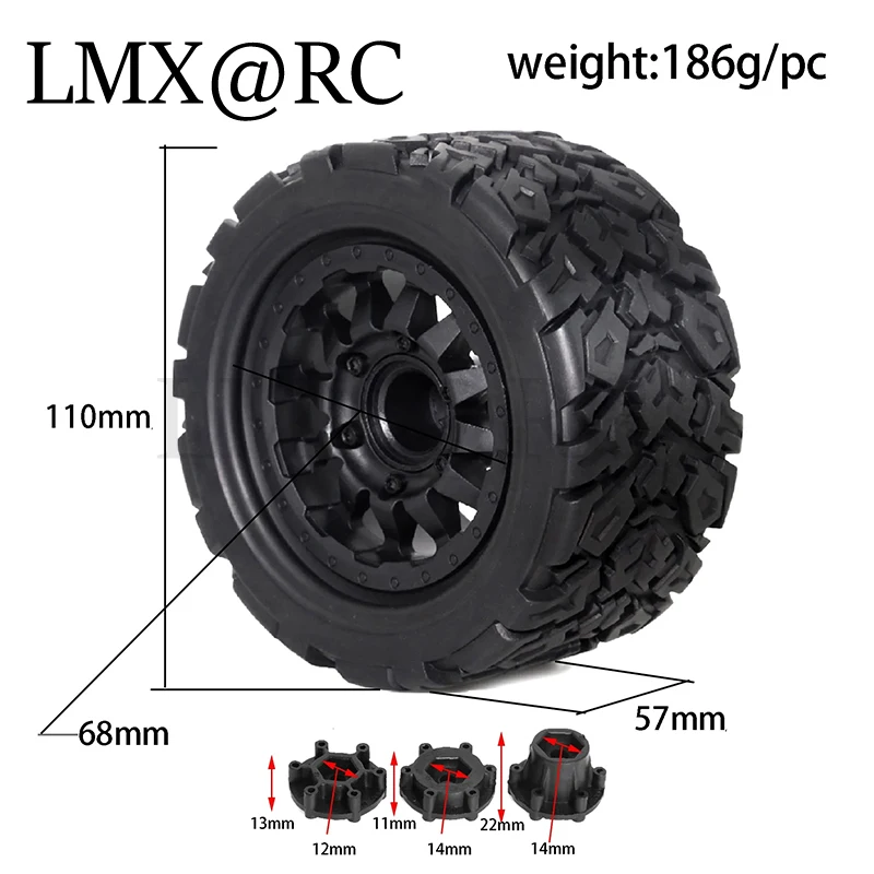 4pcs 110mm 1/10 Monster Stunt Truck Tire 12mm and 14mm Hex for TRAXXAS MAXX ARRMA Granite KRATON Outcast Tamiya Losi Redcat