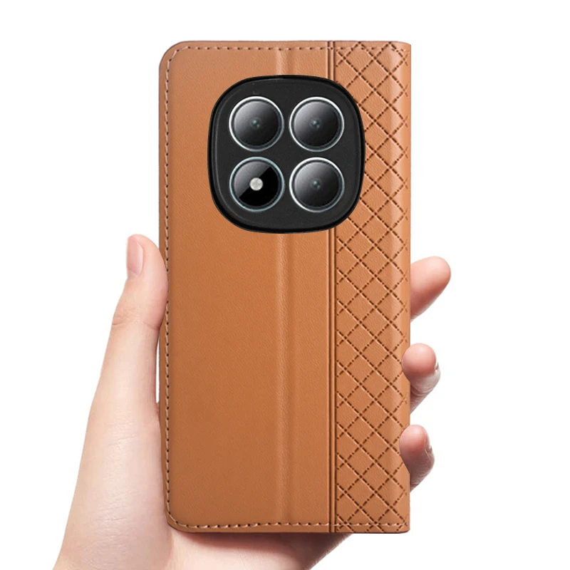 Genuine Leather Flip Case with Magnetic Book Cover and Card Pocket - Cowhide Grid Pattern Wallet Case