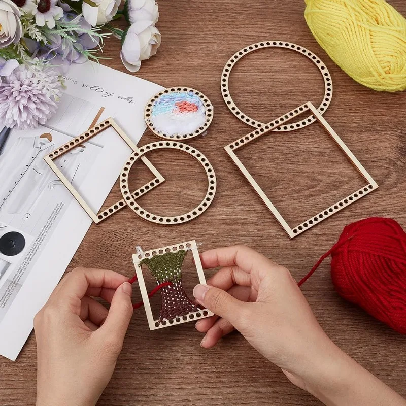 Weaving Loom Kit Wooden Mini DIY Weaving Loom Rectangle Round Looms Hanging Decor Woven Tapestry 6Pcs