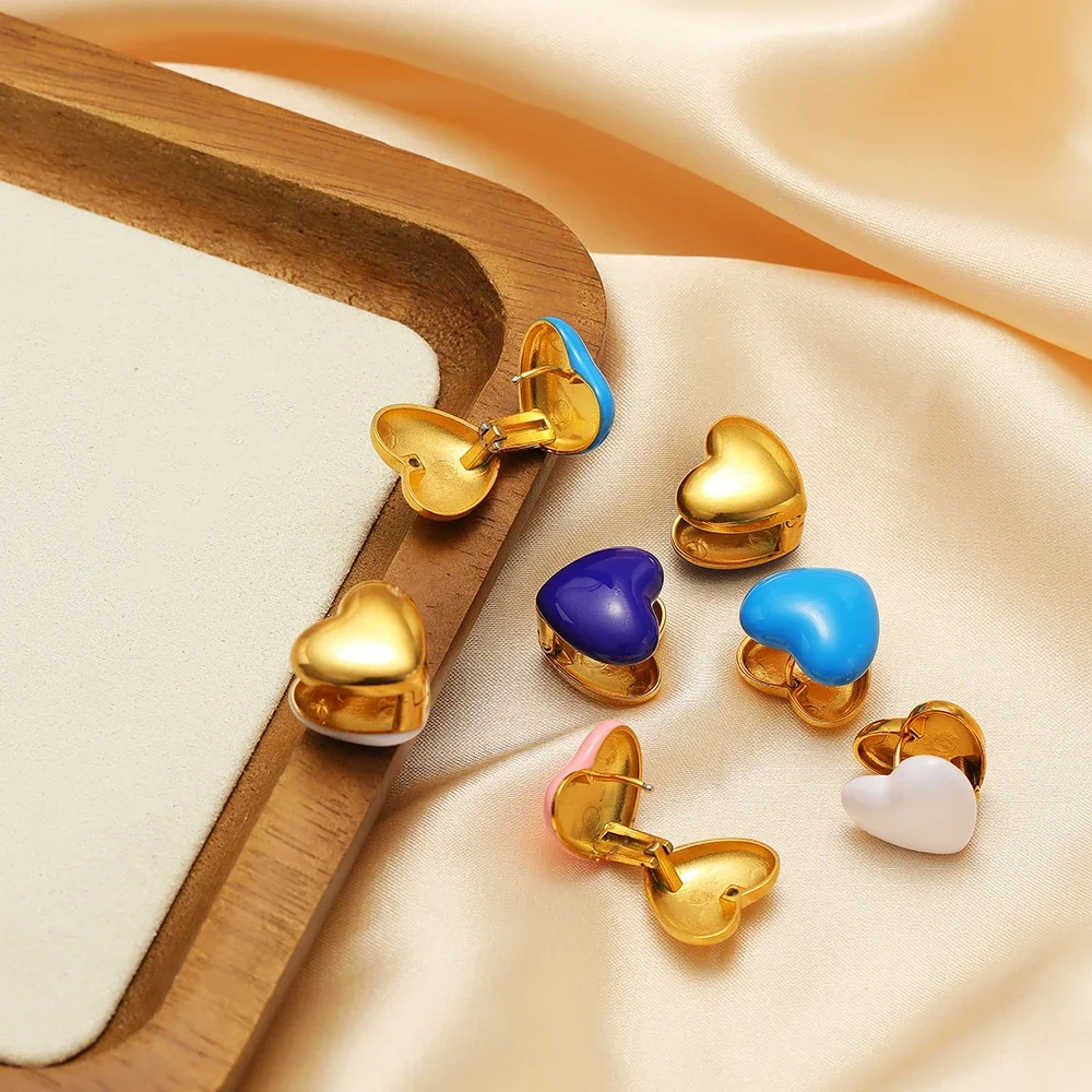 2pcs Stainless Steel Candy Color Enamel Unique Design Heart Earrings Clip Huggie Earring for Woman Fashion Party Jewelry Gifts
