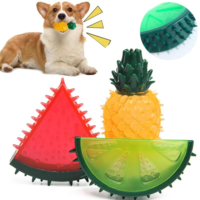 Pet Squeaky Chew Toy Dog Teeth Cleaning Toy Watermelon Pineapple Lemon Fruit Shape Puppy Bite Resistant Toy Pet Supplies